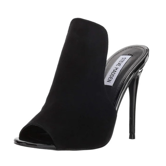 Steve Madden Sinful Heels Black Suede Cut Out Peep Toe Mule Sandals Shoes - Picture 1 of 15